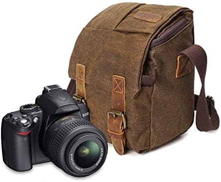 peacechaos Waterproof Camera Bag/Case, Vintage Canvase Leather Trim DSLR SLR Camera Shoulder Messenger Sling Bag for for Nikon, Canon, Sony, Pentax, Olympus Panasonic, Samsung & Many More