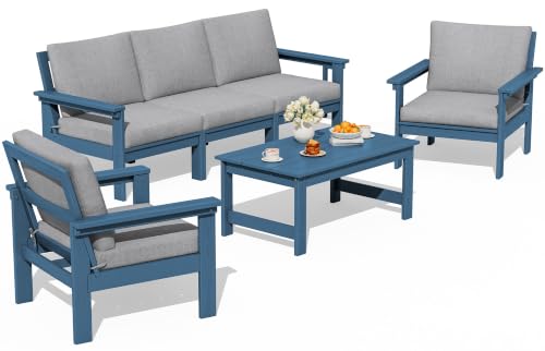 Image of SERWALL HDPE Outdoor Patio Furniture Set Outdoor Couch | All Weather Outdoor Sectional with Coffee Table, Blue Frame & Gray Cushions