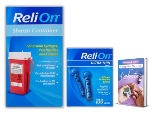 Sharps Disposal Container for Home Use 1.3 Quarts Bundle with ReliOn Ultra-Thin Blood Lancets 30 Gauge for Sensitive Fingers 100ct and eBook eBook “7 Steps to Thrive with Diabetes” by Samba Life