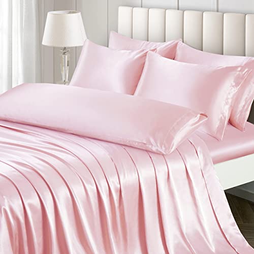 Image of Ersmak 7 Pieces Satin Sheets Set Full Size, Luxury Silky Blush Pink Satin Bed Sheets Set with 1 Deep Pocket Fitted Sheet, 1 Soft Flat Sheet, 4 Queen Pillowcases and 1 Body Pillowcase