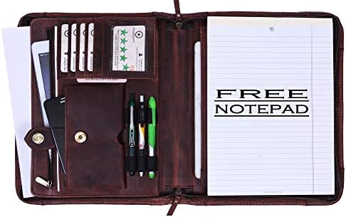 AARON LEATHER GOODS VENDIMIA ESTILOZippered Genuine Leather Business Portfolio | Easy to Carry Organizer with Writing Pad Holder, Business Card and Pen Slots. IPAD/Tablet Holder and Flip-Closure Phone Pocket