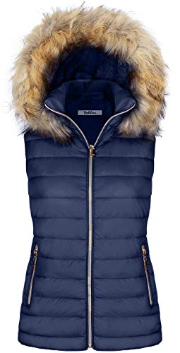 BodiLove Women's Zipper Cuffed Sleeve Neckline Padded Quilted Faux Fur Hooded Vest