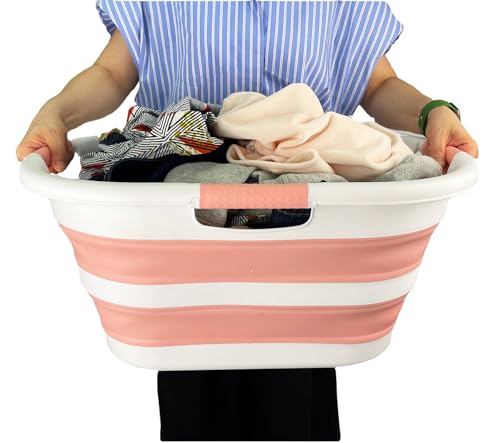 Image of SAMMART 40L (10.5 gallon) Set of 2 Collapsible Plastic Laundry Hamper - Foldable Pop Up Storage Container /Organizer - Portable Washing Tub - Space Saving Basket (2, Steel Gray+Quartz Pink)