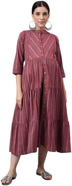 Mollar Maternity Nursing Maxi Dress Cotton Striped V Neck Button Front Side Zip 3/4 Sleeve Loose Fit Pregnancy Dress