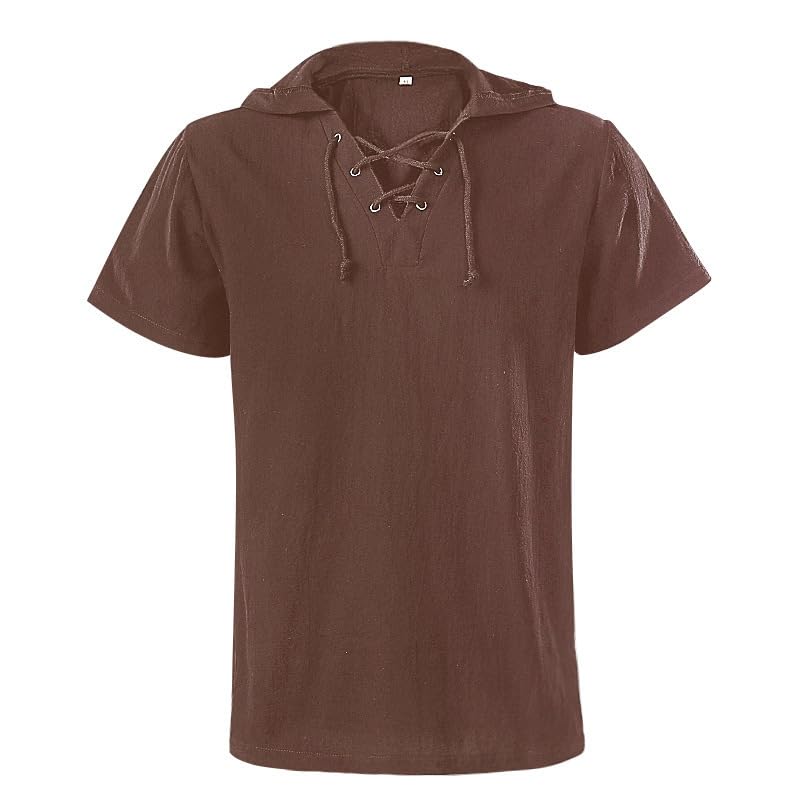 Men Renaissance Hooded Shirt, Lace‑Up Short Sleeve Medieval Top