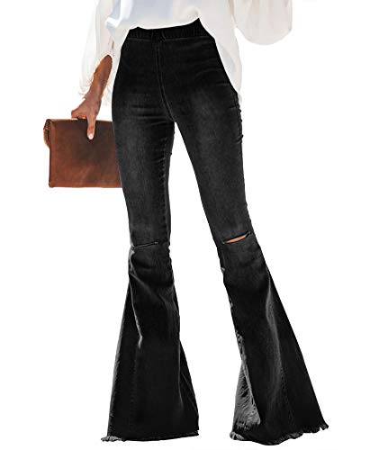 SEMATOMALA Women's Distressed Knee Hole Elastic Waist Pull-on Destoryed Flare Jeans Raw Hem Black Bell Bottom Denim Pants