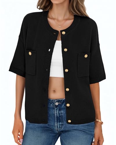 Womens Cardigan Sweaters Short Sleeve 2025 Button Up Y2k Summer Crew Neck Crop Lightweight Knit Shirt Tops