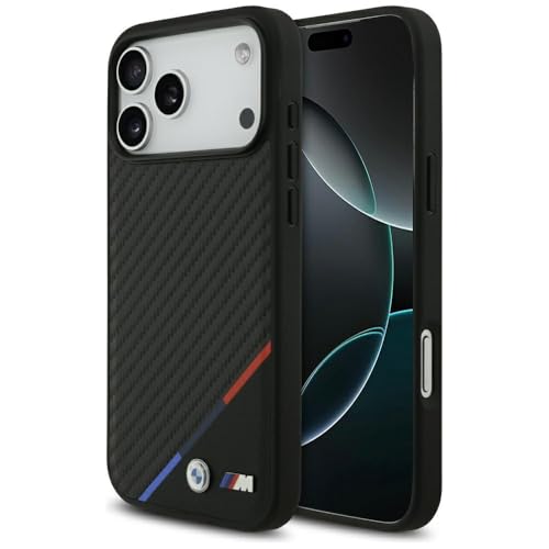 Image of CG MOBILE BMW [Official Licensed] Protective Case Designed for iPhone 17 Pro Max |Magnetic Compatible|M Collection|Pu Leather Case Carbon & Tricolor Stripe with Metal Logos -Black