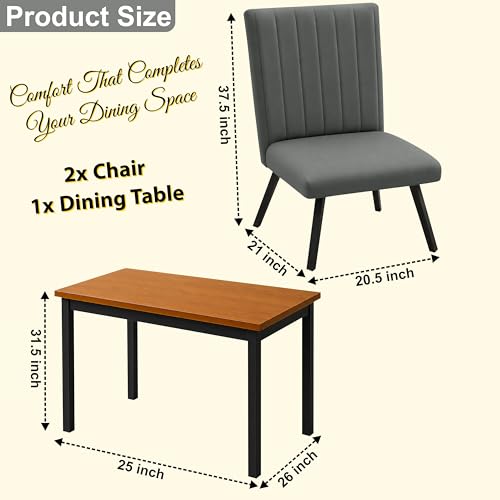 Image of Rosebell Set of 2 Dining Table Chairs with Wooden Top Table, Upholstered Cushioned Chairs, Modern Compact Dining Set for Home, Kitchen & Dining Room (Grey)