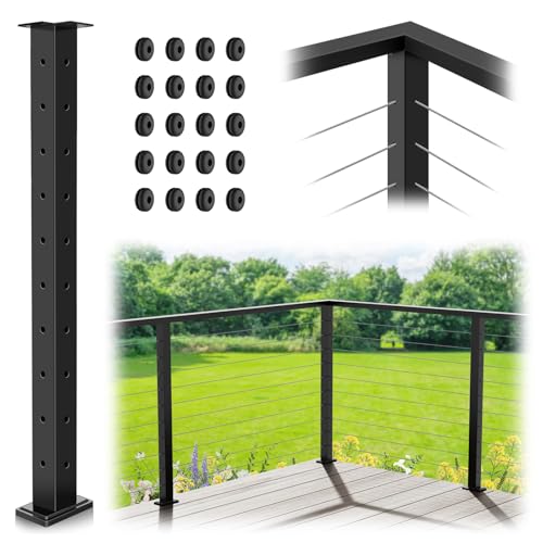 Image of 36 inch Cable Railing Corner Post, Fixed Top Mount 90 L-Drilled One Post Corner Solution, Stainless Steel T304 Heavy-Duty Handrail Corner Post, Matte Black Flat Top Deck Angle Post