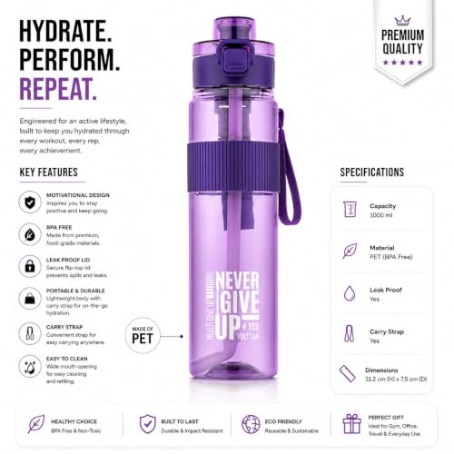 Image of Sports Water Bottle with Straw & Carry Strap | Leakproof BPA-Free Gym Bottle | Flip Lock Lid | MOTIVATIONAL NEVER GIVE UP BOTTLE | Office, School, Gym & Travel (Purple)