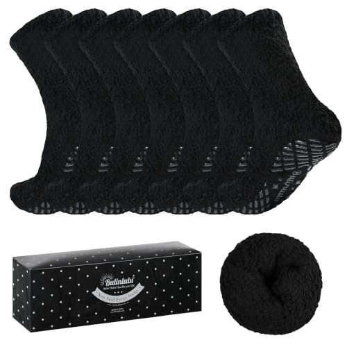 Image of Bulinlulu Fuzzy Socks with Grips Plush Sleep Cozy Winter Soft Hospital Fluffy Socks for Womens Mens Gifts