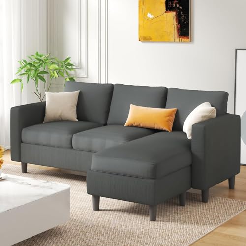 JAMFLY 3-Seat Convertible L-Shaped Sectional Sofa with Reversible Ottoman, Upholstered Fabric Couch for Small Living Rooms, Modern Modular Couch for Apartment, Studio & Loft, Grey - Image 4