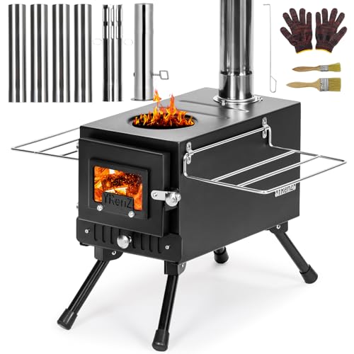 YRenZ Upgraded Hot Tent Stove – High-Temperature Wood Burning with 7-Section Roll-Edge Chimney, Reinforced Door Frame, Airtight Body & Tempered Glass – Portable for Camping, Ice Fishing, Hunting