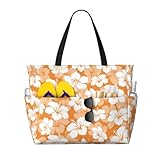 REVENEVER Beach Tote Bag for Women Foldable Waterproof and Sandproof Tote Bag with Zipper Orange Hibiscus Flower Print Beach Bag Large Travel Bag