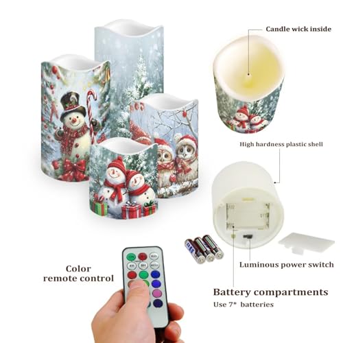 Image of Cute Snowman Owl Flickering Flameless Candles with Remote LED Pillar Candles Battery Operated with Timer Color Changing Electric Candles for Table Christmas Decorations