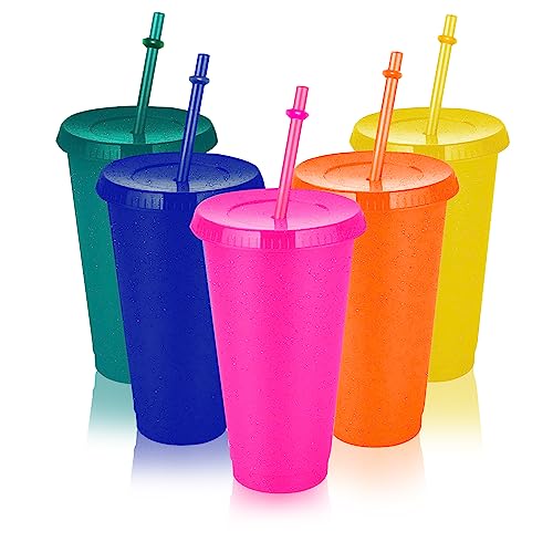 5 Pcs Tasse en Plastique Réutilisable Gobelet Verres, 700 ml Gobelet avec Paille et Couvercle Réutilisables en Plastique Coloré à Paillettes pour café...