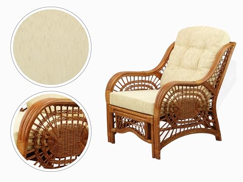 Malibu Lounge Living Accent Armchair Natural Rattan Wicker Handmade Design, Colonial with Cream Cushion