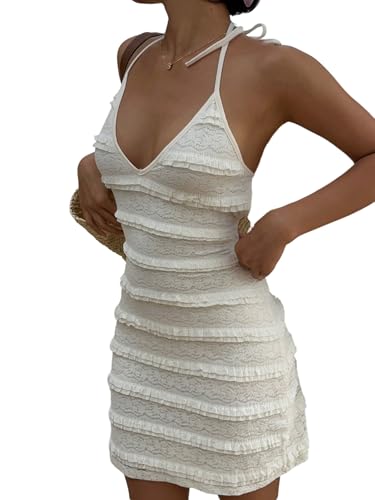 SweatyRocks Damen Rückenfreies Minikleid Elegant Neckholder Kleid V-Ausschnitt Spitze Kleid Bodycon Kleider Partykleid Festival Outfits Weiß L