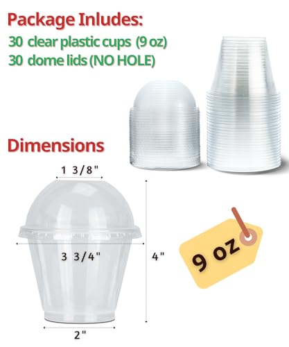 Aatriet 9 oz Clear Plastic Cups with Lids (NO HOLE), 30 Sets Fruit Cups for Party, Disposable Parfait Cup for Dessert, Pudding, Cake, Ice Cream, Cupcake, Snacks