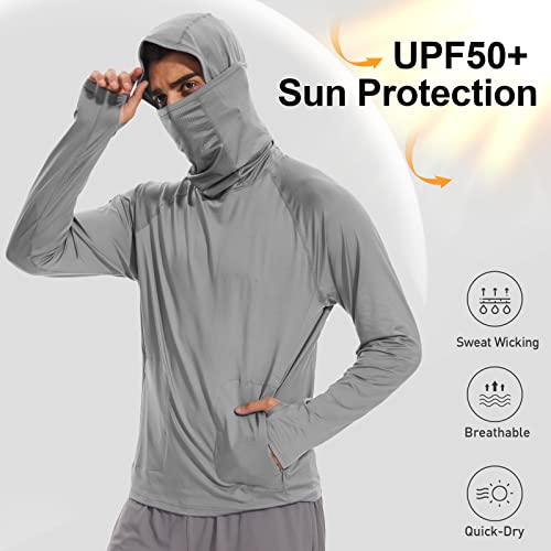 Arcweg Hooded Fishing Shirts Men With Gaiter Mask Rash Guard Shirtsm Lightweight Long Sleeve Tee Shirt Upf 68+ Sun Protection Grey #TOP3