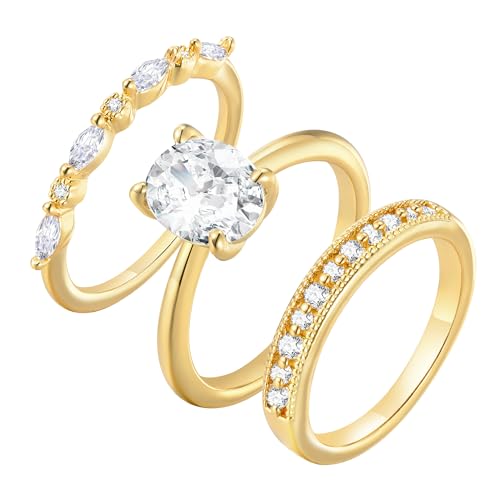 Stackable Gold Rings for Women - 14K Gold Plated Ring Set,Non Tarnish Stainless Steel Cubic Zirconia Friendship Band Anniversaries Party Trendy Jewelry Gift,Christmas Birthday Gifts for Her Girlfriend