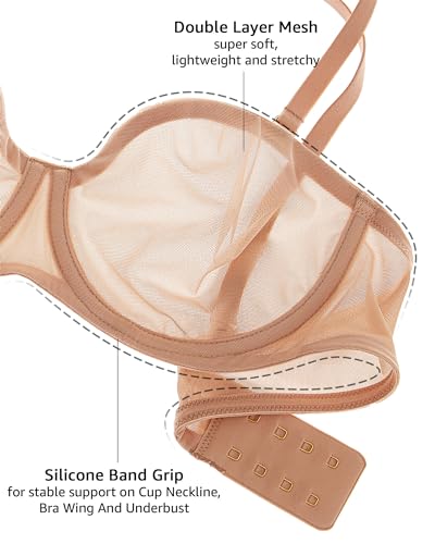 Image of INLYRIC Women's Sheer Strapless Bras Mesh Sexy Unlined Plus Size See Through Bra Underwire Demi Mesh Non Padded