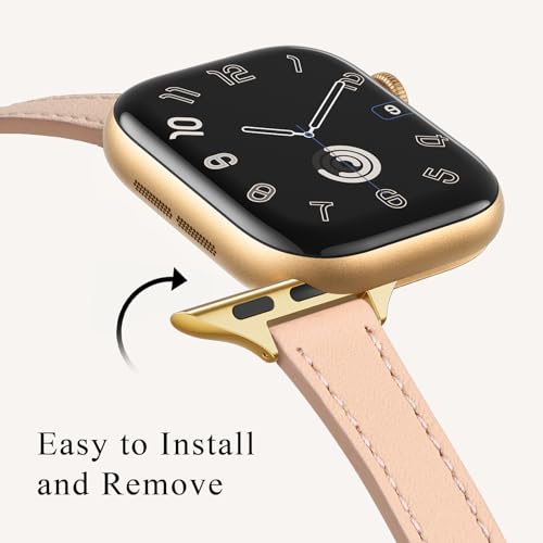 Image of STIROLL Slim Leather Bands Compatible with Apple Watch Band 49mm 46mm 45mm 44mm 42mm(Series 3 2 1), Top Grain Leather Watch Thin Wristband for iWatch Ultra SE Series 11 10 9 8 7 6 5 4(Pale pink Gold)