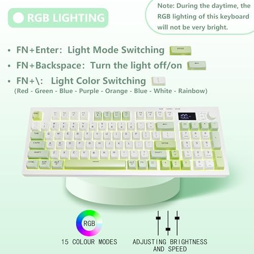 Bangsanth Wireless Keyboard, Quiet Keyboard for Work, Tri-Mode BT5.0/2.4GHz/USB-C, Creamy Keys with RGB Backlight, 94-Key, Anti-ghosting Keys, Compatible with PC, Mac, Gaming Consoles (White-Green) — view 7