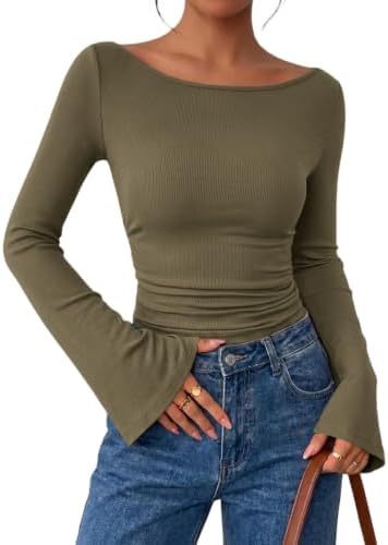 Cicy Bell Damen Langarmshirt Elegant Strickoberteile | Glockenärmeln,Eng,Y2K Top,Slim Fit,Bootsausschnitt,Longsleeve,Tshirt,Pullover,Crop,Herbst