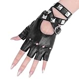 Ammiko Fingerless Gloves for Women PU Faux Leather Driving Cycling Punk Cosplay Costume Halloween Performance Teens Chain Gloves