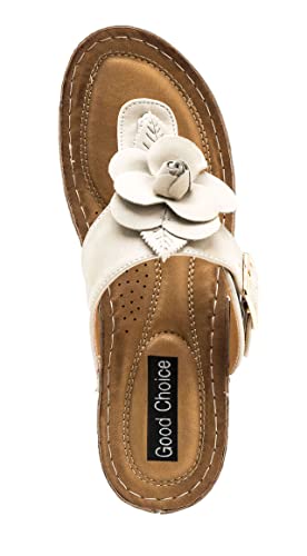 Gc Shoes Womens Wedge Sandals, Open Toe Mid Heel Platform, Comfy Vegan Leather Flower Strap Thong, Flora/Natural/Size 7 #TOP3