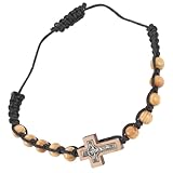 Artibetter Pulsera de Cuentas de Oración Ajustable para Mujer y Hombre, Pulsera de Rosario con Cruz de Aleación y Cuentas de Madera, Joyería Católica Ligera y Cómoda para Comunión
