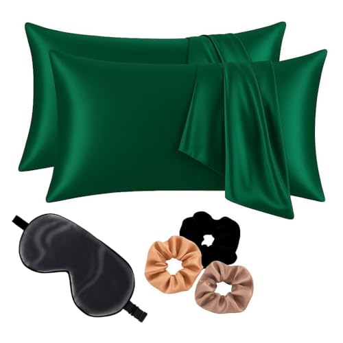 Image of Premium Satin Pillowcase Set of 2 with Eye Mask & 3 Scrunchies | Silky Soft, Anti-Frizz, Skin & Hair Care Sleep Set | Luxury Gift Combo for Women & Girls (Dark Green)