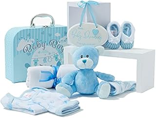 Newborn Baby Boy Gift Set - Hand Packed Blue Hamper Styled as a Case with Teddy Bear, Knitted Booties, Bib, Hat, Muslin Cloth and Hanging Plaque