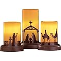 Collections Etc LED Flameless Christmas Nativity Scene Candles, Holiday Home Decor Accents - Set of 3