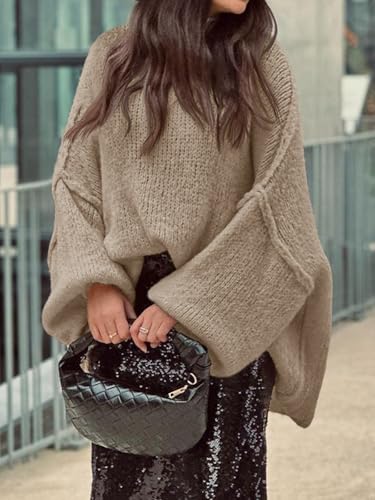 Saodimallsu Womens Oversized Sweater Chunky Crew Neck Long Lantern Sleeve Knit Fall Trendy Tunic Sweaters Top3