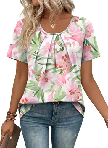 Image of WIHOLL Women T Shirts Pleated Short Sleeve Tops Business Casual Dressy Blouses