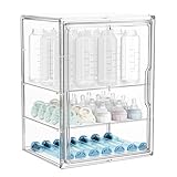 HBlife Baby Bottle Storage Organizer for Countertop Cabinet, 3 Tiers Adjustable Clear Acrylic Bottles Storage Station Case Box Container with 2 Removable Dividers and Magnetic Door, Large