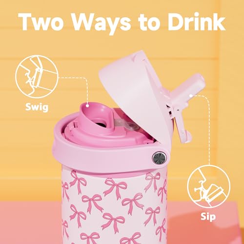 Image of 24 oz Insulated Water Bottle for Women: Meoky Stainless Steel Metal Water Bottle with 2-in-1 Straw and Spout Lid - Leak Proof, Cold for 24 Hours, Protective Silicone Base, BPA-Free for School, Bow
