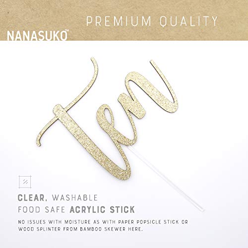Nanasuko 10Th Birthday Cake Topper - Ten - Double Sided Gold Glitter - Premium Quality Made In Usa #TOP5