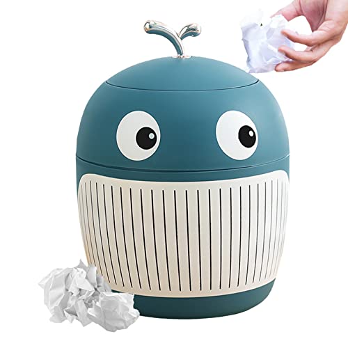Jauhmui Lindo mini papelera de escritorio con tapa, cesta de basura de plástico para ballenas, pequeño cubo de basura de mesa, para escritorio de cocina, baño (azul)