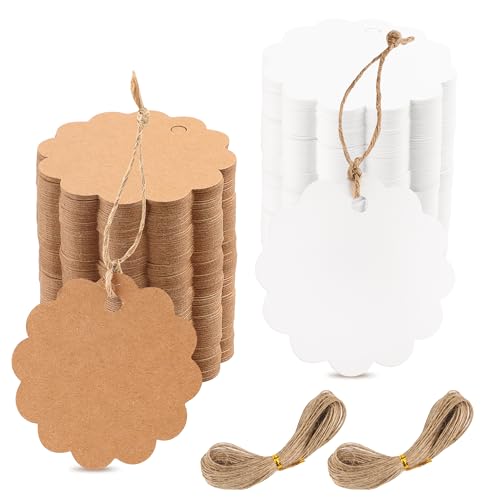 200 Stück Geschenkanhänger Kraftpapier, Kraftpapier Anhänger Runde Beschriften mit 40 Meter Jute Schnur für Handmade,Geschenkdeko,Hochzeit Geschenk (Braun, Weiß)