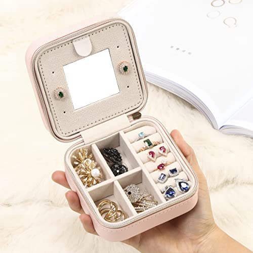 Image of Jewelry Case with Mirror, Small Travel Jewelry Organizer, Portable Mini Storage Box for Rings, Earrings, Necklaces, Gift for Mother Mom, Girl, Daughter, Sisters, Bridesmaids, Mother's Day Gift (Pink)