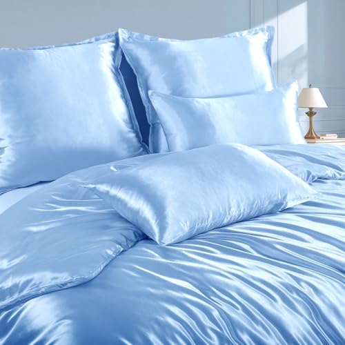 RUIKASI Satin Bettwäsche 220x240 Blau - Seidig Bettbezug mit Glanz wie Seiden Bettwäsche Set Hellblau für Haar und Haut… – Ansicht 3