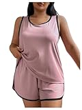 OYOANGLE Women's Plus Size 2 Piece Pajama Set Ribbed Knit Tank Top and Side Split Shorts Set Sleepwear Dusty Pink 1XL