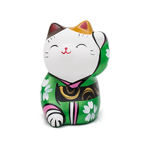 THY COLLECTIBLES Hand Painted Feng Shui Mini Maneki Neko Lucky Cat Green Small Trinket Ornament for Home and Car