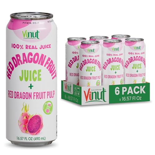 Image of VINUT 100% Red Dragon Fruit Juice with Pulp (Pitaya), No Added Sugar, Not From Concentrate, 16.57 fl oz (490 mL) Can, Pack of 6