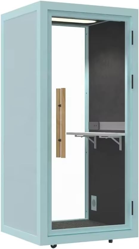 Electric Height Adjustable Office Pod Booth, Mobile Sound Proof Booth, Sound Pod with Wheels and Feet, Build-in Table Top, LED Lighting System, AC, USB Ports (White, W 40 x D 39 x H 91 Inch)