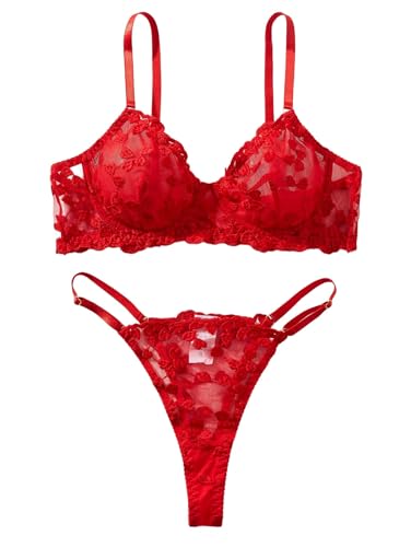 Image of Sexy Floral Embroidered Flower Mesh Underwire Push Up Lingerie Set